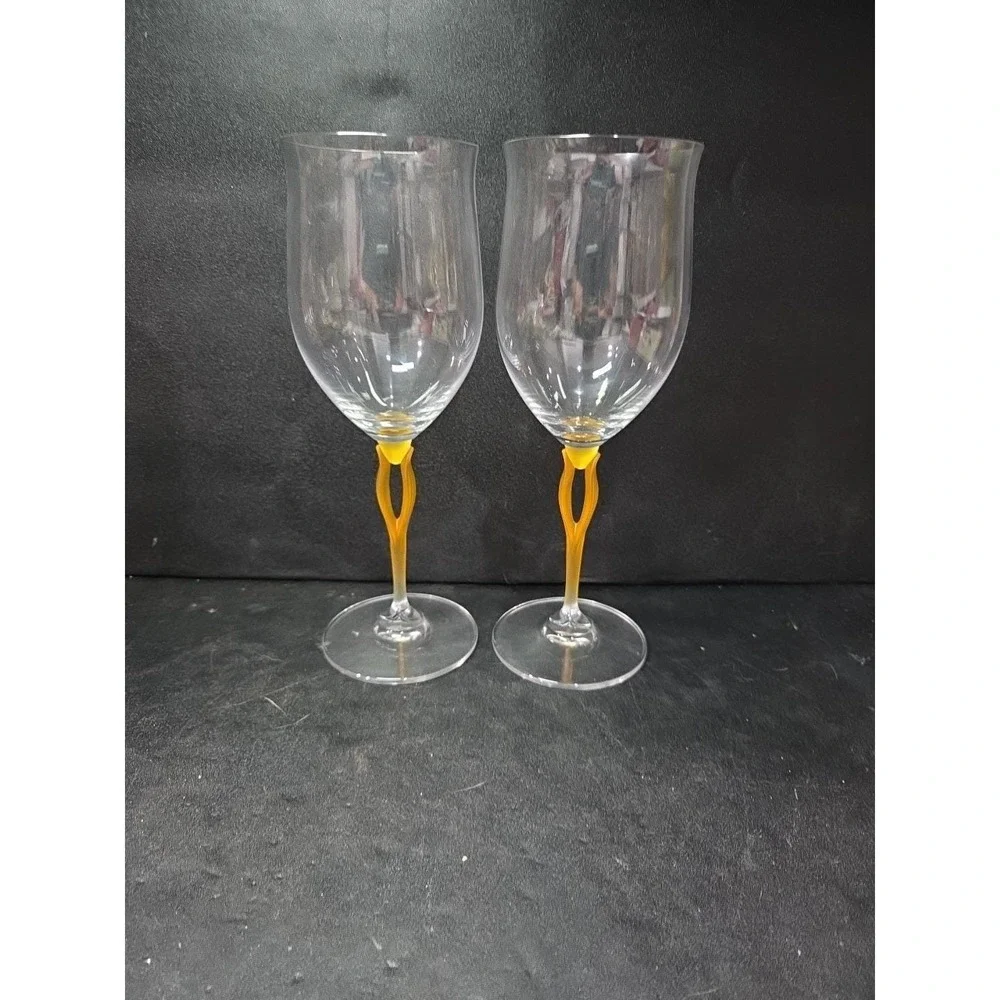 Mikasa Crystal Tuscan Wine Glasses, Yellow Stem Water‎ Glass, Set of 2, Art Deco